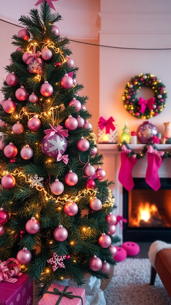 A cozy Christmas scene with a pink decorated tree and warm fireplace.